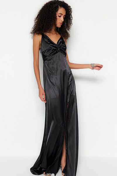 Trendyol Collection Βραδινό μακρύ υφαντό σατινέ φόρεμα με μαύρη γραμμή TPRSS23AE00148