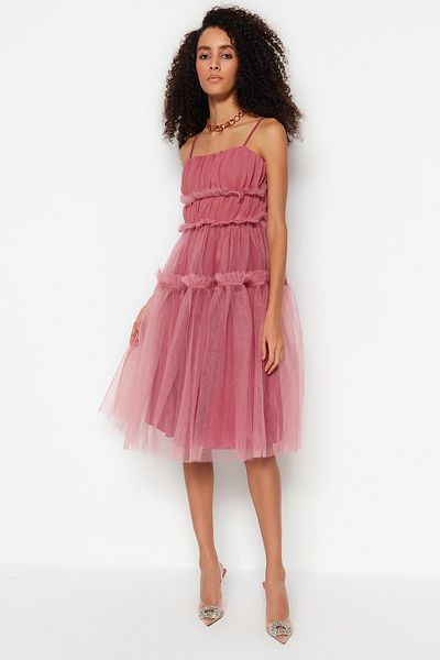 Trendyol Collection Βραδινό φόρεμα A-Cut Dried Rose Tulle - Φόδρα, κομψό TPRSS23EL00470