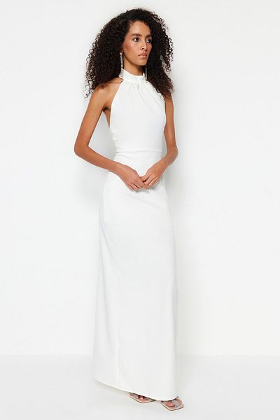Trendyol Collection Νυφικό υφαντό με επένδυση εκρού/Nikah μακρύ βραδινό φόρεμα TPRSS23AE00013