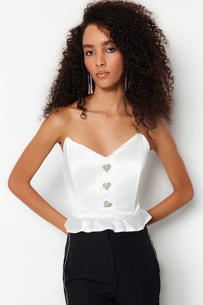 Trendyol Collection Ecru Crop Lined Knitted Accessories Flounce Satin Bridal Blouse TPRSS23BZ00065