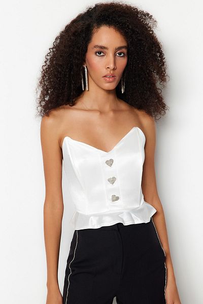 Trendyol Collection Ecru Crop Lined Knitted Accessories Flounce Satin Bridal Blouse TPRSS23BZ00065