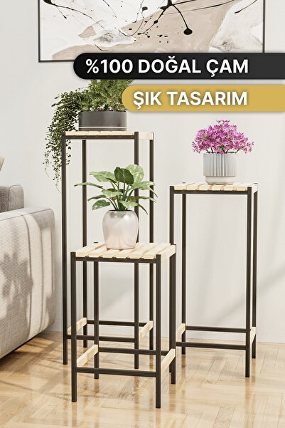 Bino Çiçeklik 3 Lü Set Ahşap Saksılık Dekoratif Lüks Bahçe Mobilyası Saksı St...