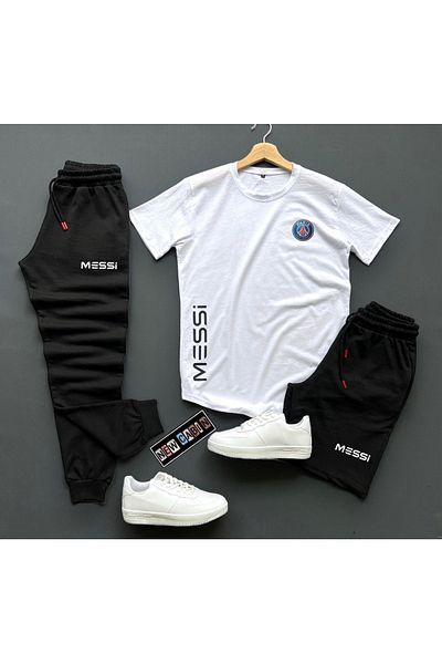 NewCabin Σορτς 3 τεμαχίων Unisex-φούτερ-φούτερ Slim Fit Messi εμπριμέ σετ με συνδυασμό στο κάτω μέρος