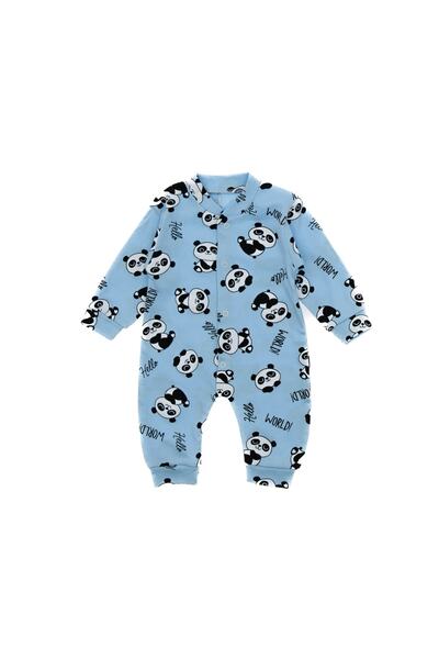 NİSPOY BABY Erkek Bebek Panda Basklı İnce Mavi Tulum