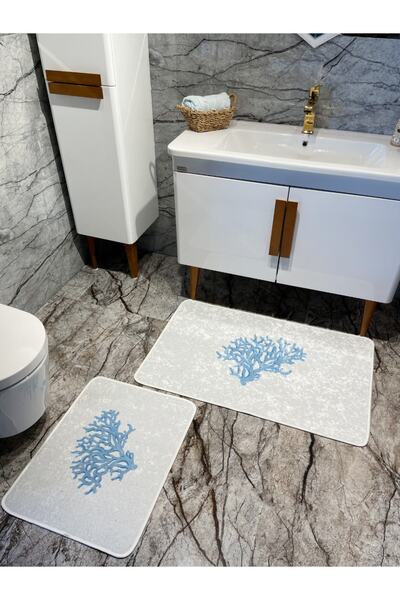 Brillant Mercan 2'li Lateks Kaymaz Taban Su Geçirmez Banyo Paspas Takımı (60x...