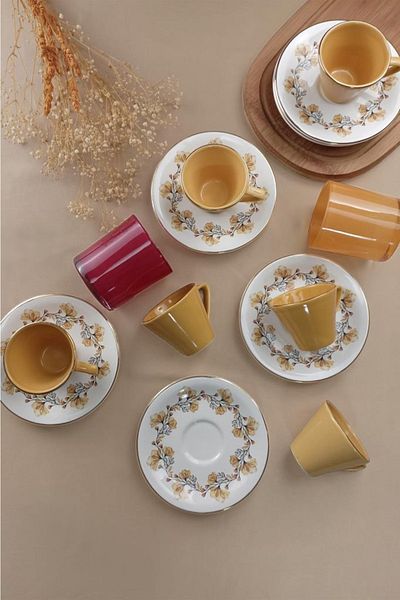 Glore Istanbul Lizy Mustard 12 Pieces Coffee Cup Set for 6 People