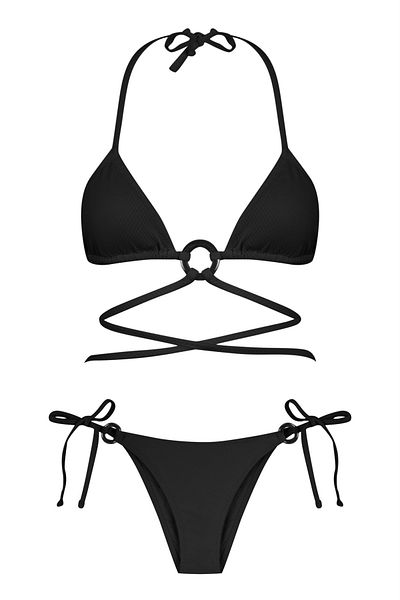 AQUELLA Black Textured Triangle Bikini Set with Ring Accessory