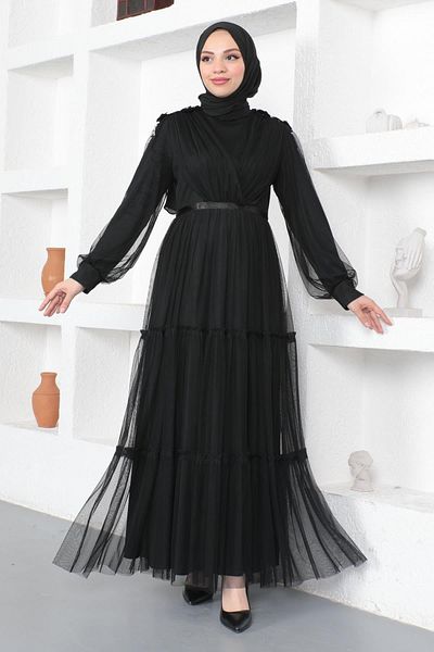 Modamihram Lace Detailed Tulle Evening Dress Black 19110