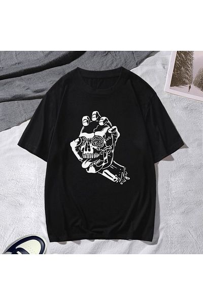 DEEPSENCE Men's Black Oversize T-Shirt - Hand Skeleton Print