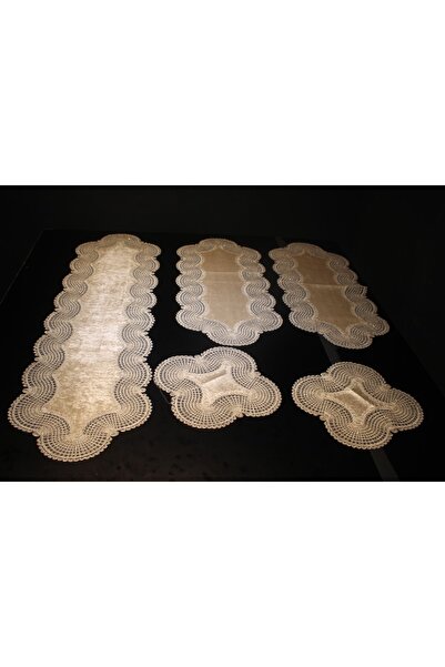 HUZUR ÇEYİZ طقم صالة مخملي مخطط 5 قطع ذهبي لامع