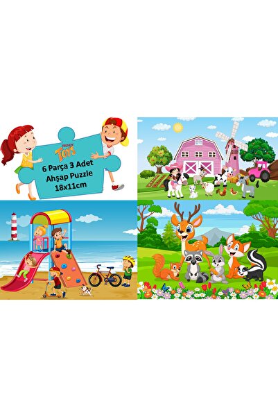 Trendy Toys Ahşap Puzzle Ilk Yapbozum 3 Adet 6 Parçalı 18x11cm