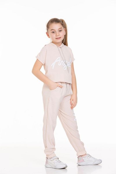 renkli diyar Girl's Top and Bottom Set, Short Sleeve Hooded T-Shirt and Trousers, Two-Piece Set