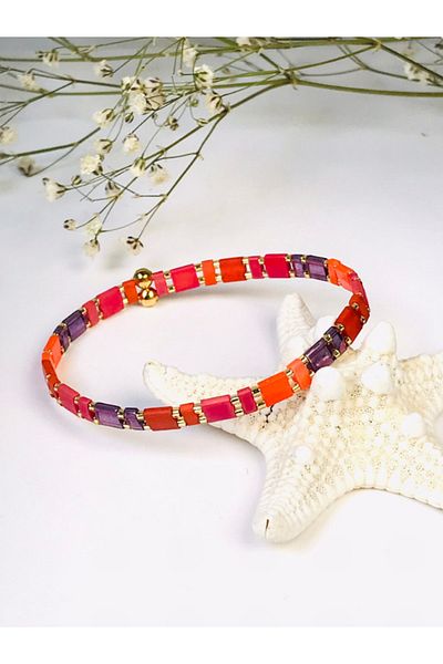 NAZLI TAKILAR Women's Orange Red And Purple Colored Elastic Tila Bracelet