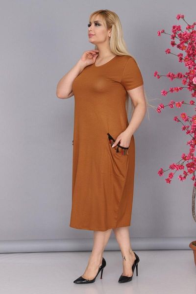 mami butik Plus Size Ethnic Double Pocket Knee Length Short Sleeve Comfortable Cut Viscose Combed Cotton Dress