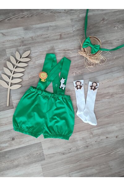Feriatolye Safari Konsepti Erkek Bebek Yeşil Salopet Papyon Çorap Takımı Past...