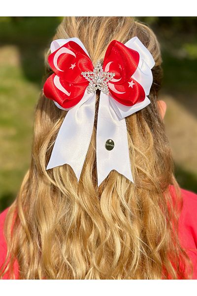 QUEEN AKSESUAR Red and White Bow with Crescent and Star Stones with Turkish Flag 23 April 19 May School Show Feast Buckle