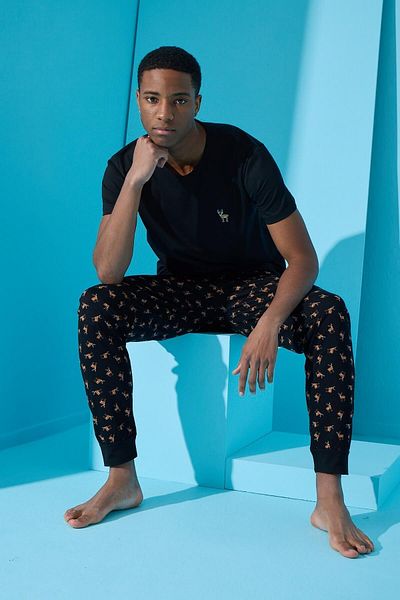 Pijamaevi Black Deer Printed Short Sleeve Men's Pajama Set