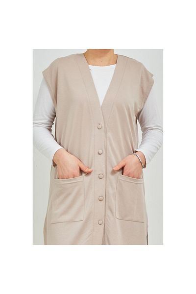 Fresh&Moda Women's Cream Long Pocket Buttoned Combed Cotton Mother Large Size Tunic Vest