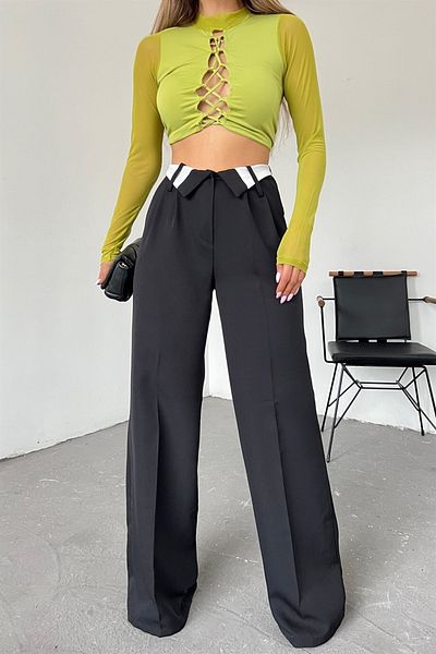 Neşeli Butik Women's Black Wide Leg Palazzo Fabric Pants Qns036