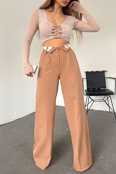 Neşeli Butik Women's Camel Wide Leg Palazzo Fabric Pants Qns036
