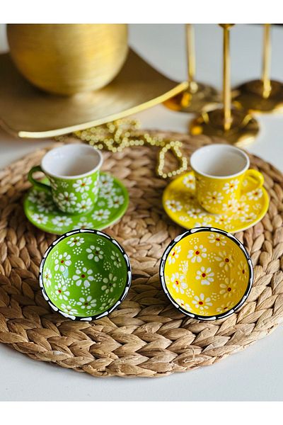 Den Tasarım Hediyelik Mother's Day Special Daisy Flower 2-Person Coffee Cup Set and Bowl