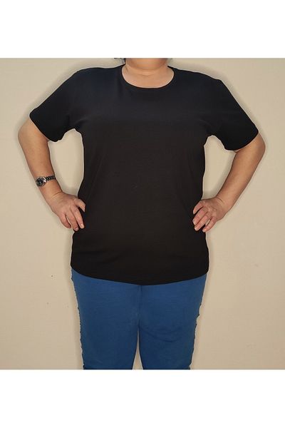 Bomenti Life Black Women's Large Size Regular - Regular Cut Basic Crew Neck Lycra T-Shirt