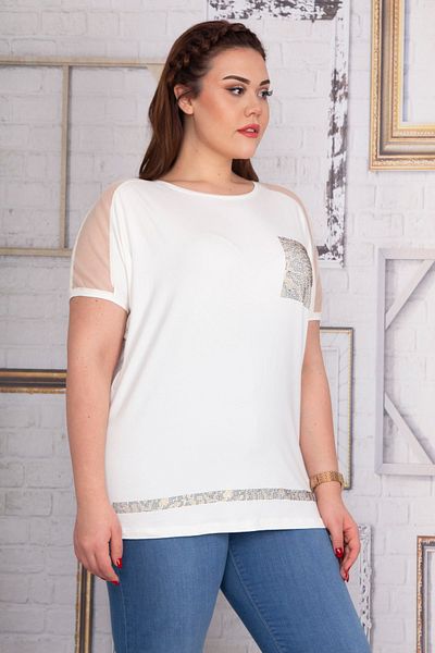 Şans Women's Bone Shoulders Tulle Ornament Pocket and Hem Stone Detailed V-Neck Low Sleeve Viscose Blouse 65N22723