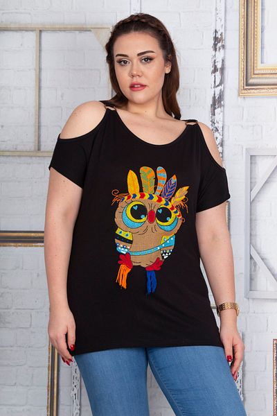 Şans Women's Large Size Black Front Embroidery Detailed Off-Shoulder Blouse 65n22720