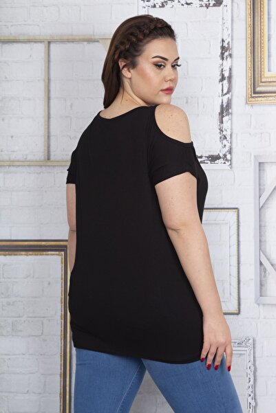 Şans Γυναικεία κέντημα σε μεγάλο μέγεθος μαύρο μπροστά λεπτομερή μπλούζα εκτός ώμου 65n22720