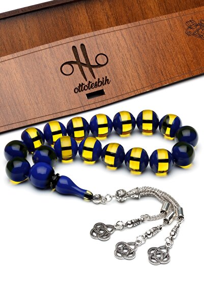 OTTOTESBİH Maskot Boy Sarı Lacivert Sürmeli Toz Kehribar Tesbih Efe Tesbihi 14mm