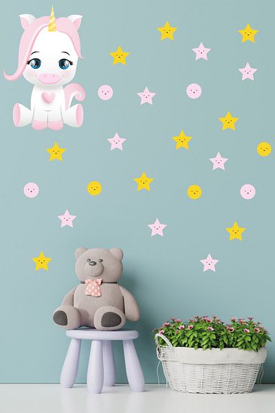 Tilki Dünyası Yellow Color Cute Unicorn Pink Stars Polka Dots