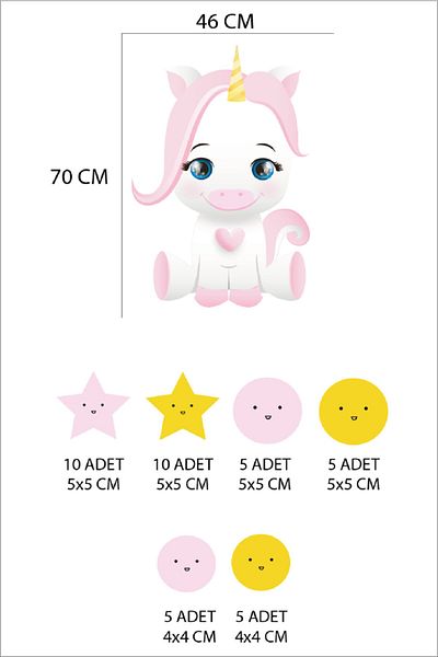 Tilki Dünyası Yellow Color Cute Unicorn Pink Stars Polka Dots