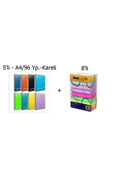 Gıpta Fresco (5 Pieces Pack) A4 96 Sheets 5 Plaids Plastic Cover Notebook + Eraser Pastel Eraser 8 Pieces