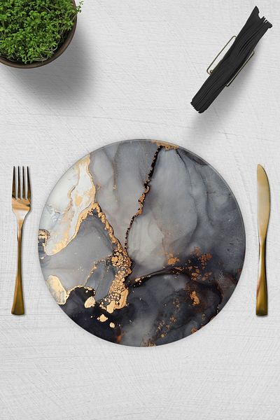 Decorita Set of 2| Glass Plate - Breakfast Plate - Cake Plate| Stark Marble Look| Diameter32cm