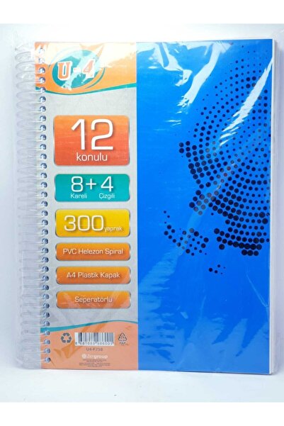 Zersan U4 8+4 Bölümlü 300 Yaprak A4 Sipralli Ayraçlı Defter 8 Kareli 4 Çizgil...