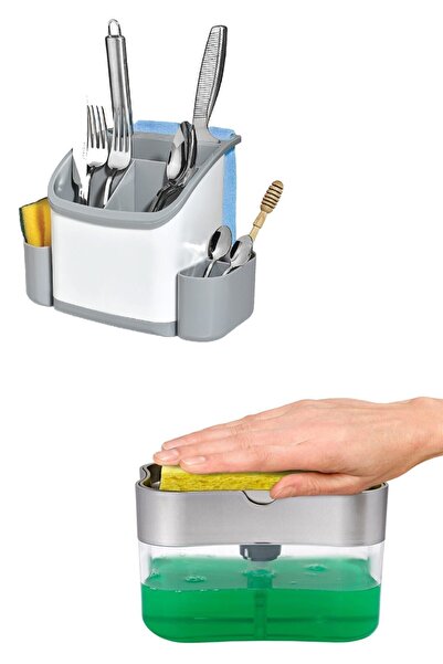 RoseRoi Σετ πάγκου με θήκες - Οργανωτής για κουταλοθήκες και δοσομετρητής υγρού σαπουνιού με σφουγγάρι πλυντηρίου πιάτων