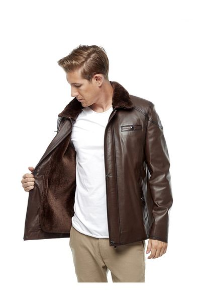Hodore Men's Furry Brown Leather Coat