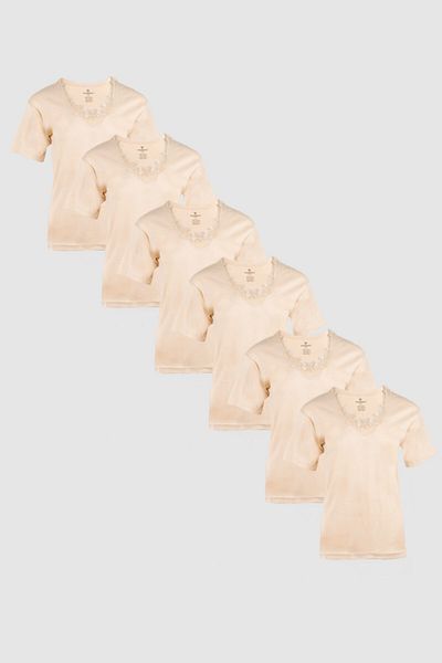 Ceylanoğlu Women's Beige Ribbed Half Sleeve Laced Undershirt 6 Pack 205