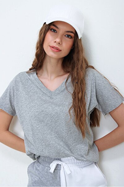 Trend Alaçatı Stili Dámské základní tričko Grimelange s výstřihem do V ALC-1045-A