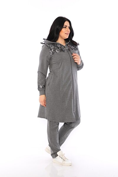 WestBound Women's Oversized Lace Pearl Detailed Zippered Hooded Hijab Tracksuit Set