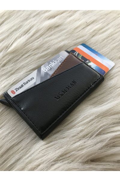 MKM MAN Black/Tan Pattern Leather Card Holder with Automatic Mechanism
