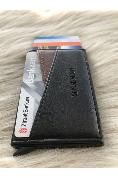 MKM MAN Black/Tan Pattern Leather Card Holder with Automatic Mechanism