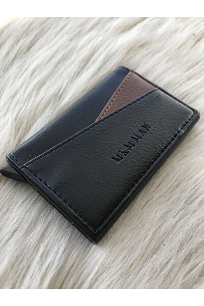 MKM MAN Black/Tan Pattern Leather Card Holder with Automatic Mechanism