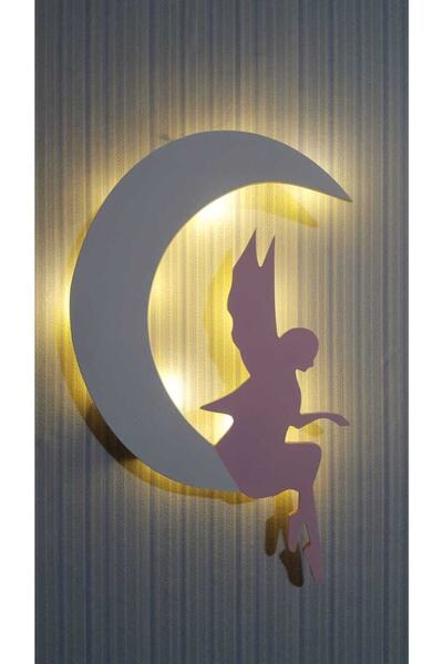Işıklı Toplar Türkiye Çocuk Odası Dekoratif Ahşap Melekli Ay Gece Lambası Ledli Aydınlatma