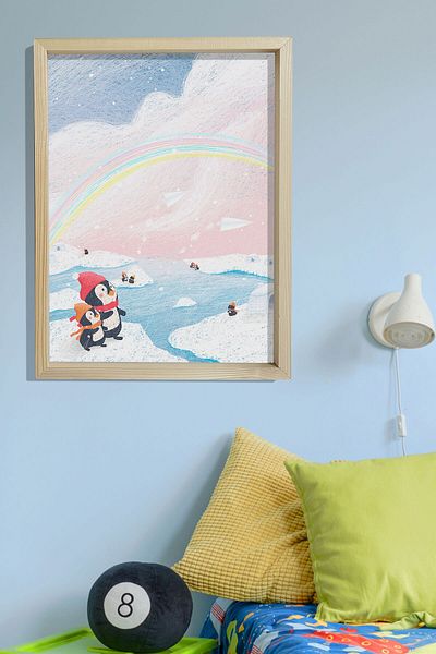 Dekor Loft Ζωγραφική τοίχου βρεφικού και παιδικού δωματίου με φυσικό πεύκο Rainbow Penguin