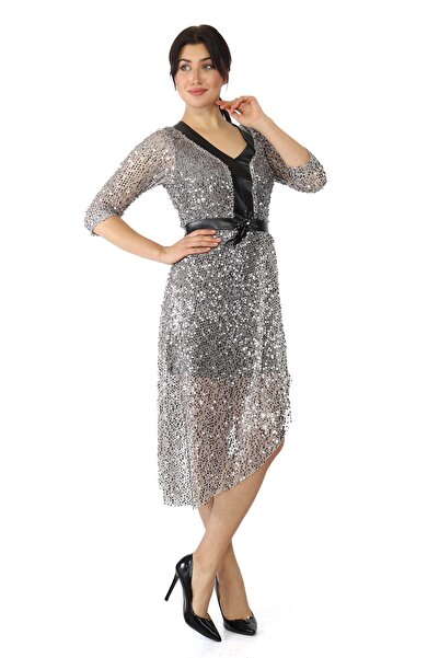 butaelle butik Kadın Payetli Deri Abiye Elbise