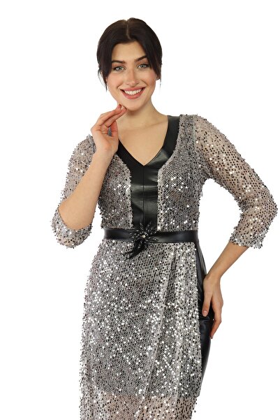 butaelle butik Kadın Payetli Deri Abiye Elbise