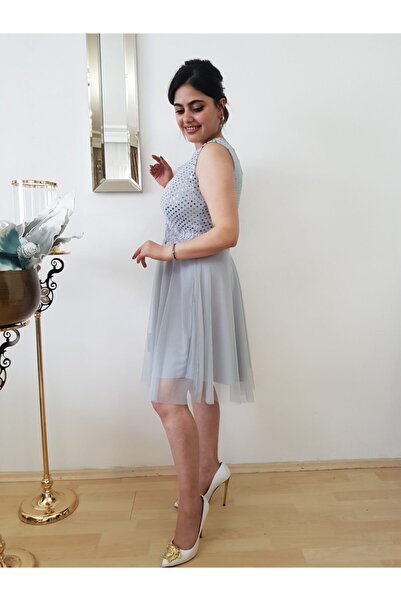 FERGAN Kadın Gümüş Gri Şifon Kısa Abiye Elbise