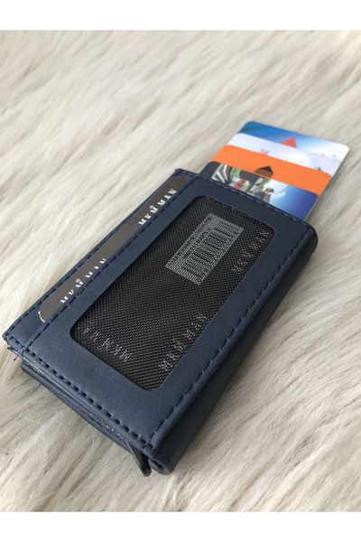 MKM MAN Navy Blue Automatic Mechanism Leather Look Card Holder\wallet