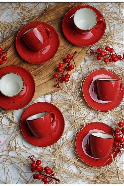 Tulü Porselen Tulu Porcelain Luna Red Set of 6 Coffee Cups